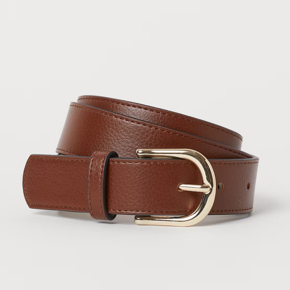 H&M Classic Brown Leather Belt with Gold Buckle